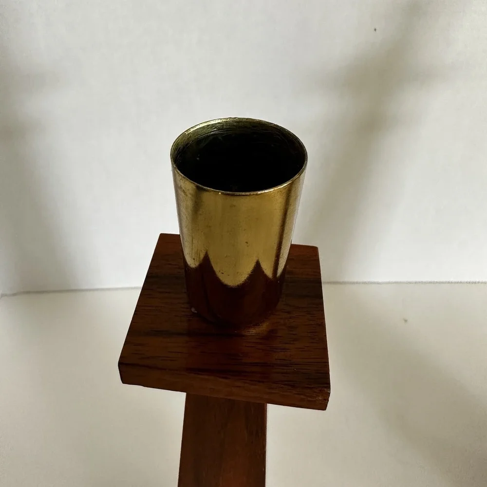 Vintage Danish Modern Kustom Kraft Walnut Brass Taper Candle Holders‎ 9 Inch